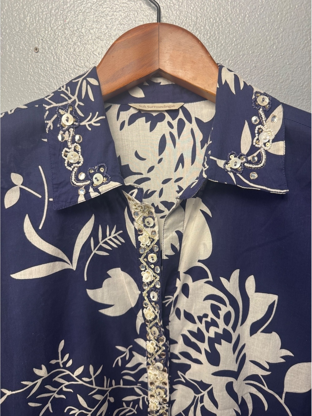 Soft Surroundings Navy Floral Embellished Cotton Tunic Beach Cover Up - Picture 3 of 11
